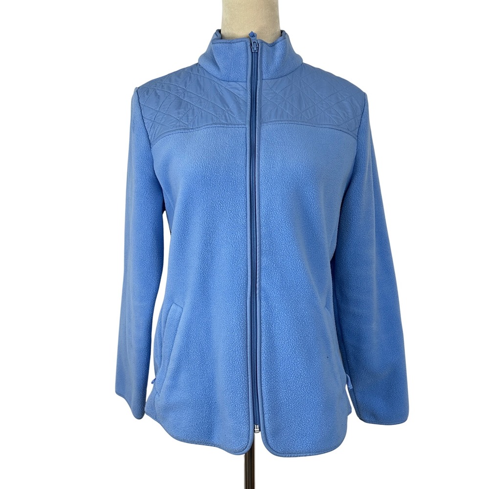 Talbots Fleece Jacket Full Zip Quilted Accent Cozy Comfy Blue Women Petite Large
